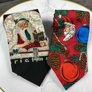 Christmas Season Greetings Men's Silk Tie Set of 2 Black & Red Santa Pine Cones